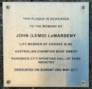 Plaque attached to Coogee Surf Lifesaving boathouse<br>
commemorating John (